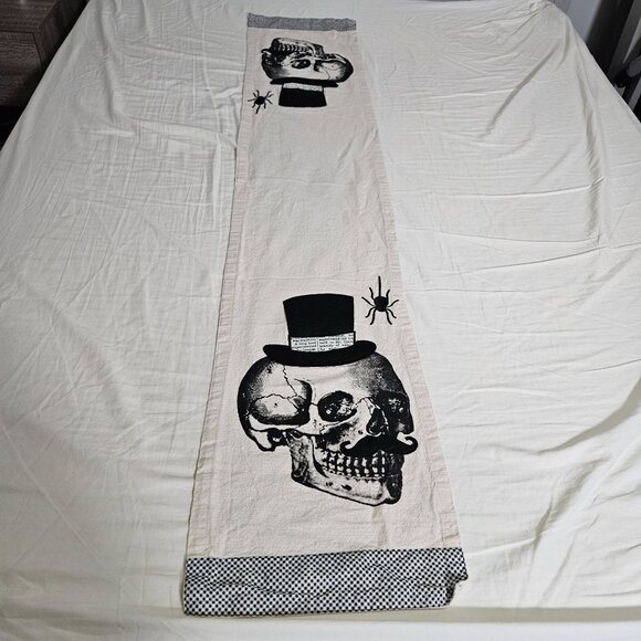 Skeleton Skull Table Runner Beige Black Top Hat Mustache Spider Gothic 67"x13" - Picture 8 of 11